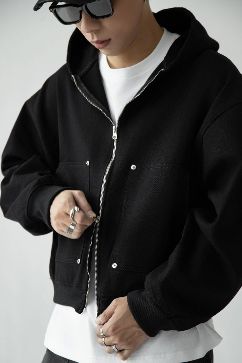 2 WAY ZIP HOODIE - BLACK