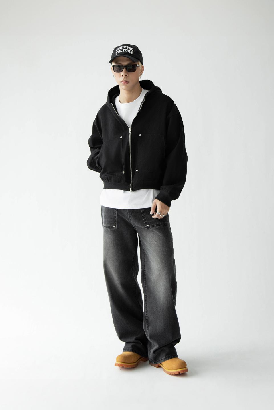 2 WAY ZIP HOODIE - BLACK