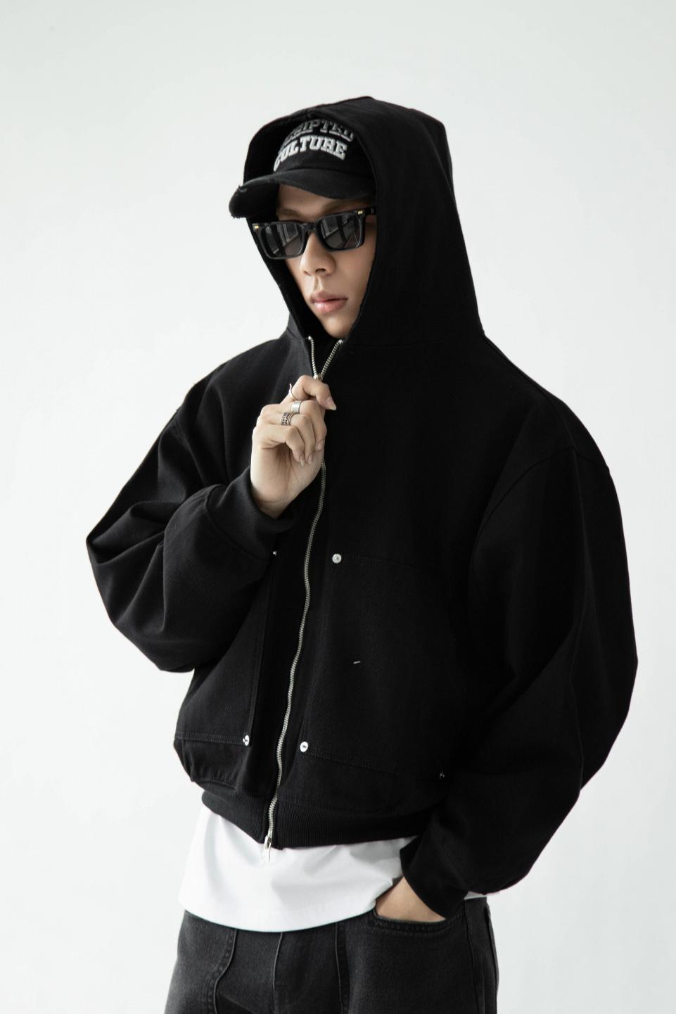2 WAY ZIP HOODIE - BLACK