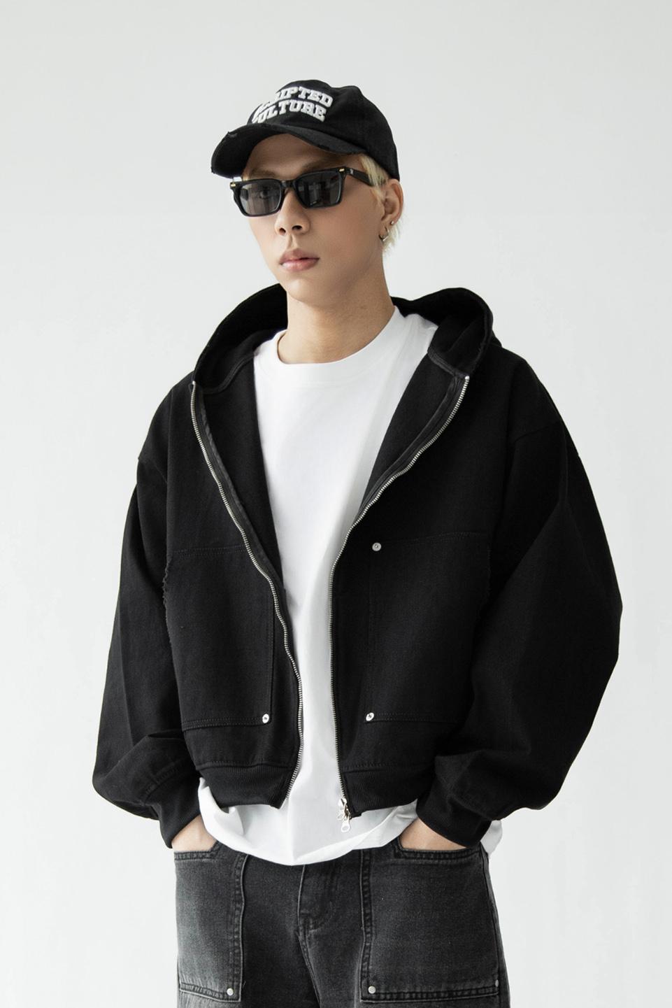 2 WAY ZIP HOODIE - BLACK